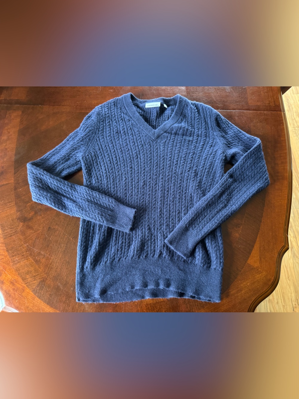 Lacoste Navy Cable Knit V-Neck Sweater Wool & Cashmere Blend Size 44